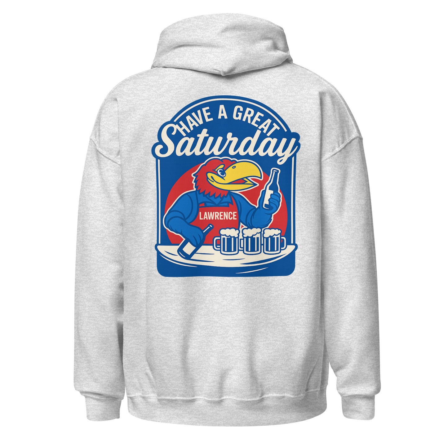 Back view of ash HAGS Lawrence Kansas bartender hoodie, showing blue "Have a Great Saturday" bird bartender graphic.