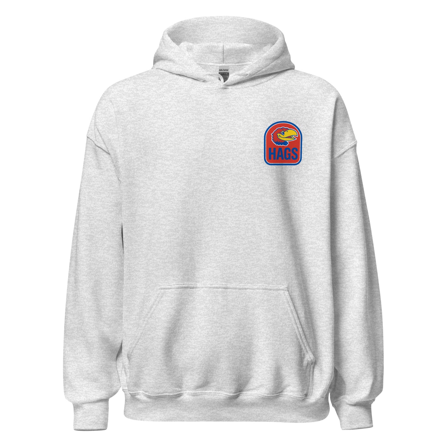 Front view of ash HAGS Lawrence Kansas bartender hoodie, showing small bird chest graphic.