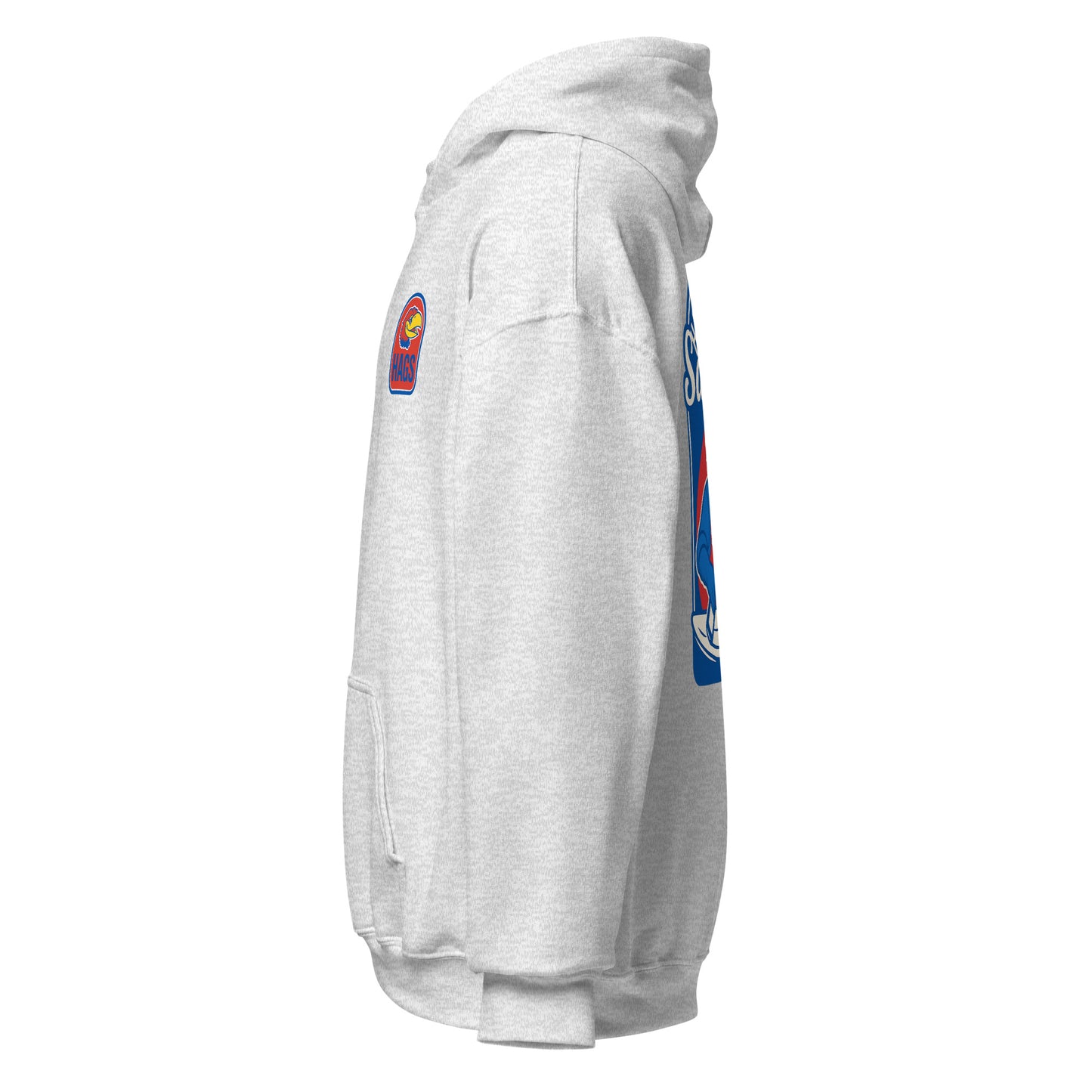 Left-side view of ash HAGS Lawrence Kansas bartender hoodie.