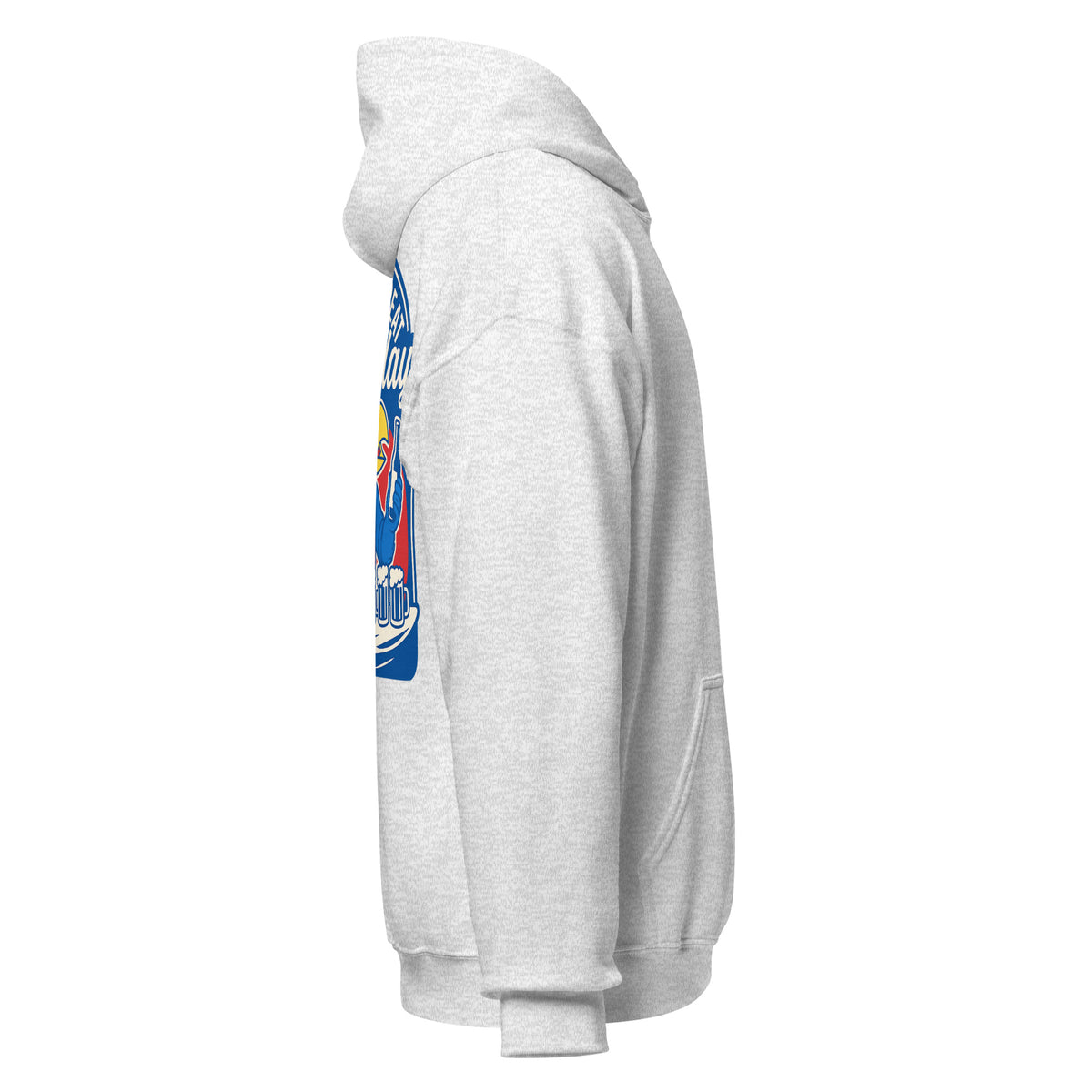Right-side view of ash HAGS Lawrence Kansas bartender hoodie.