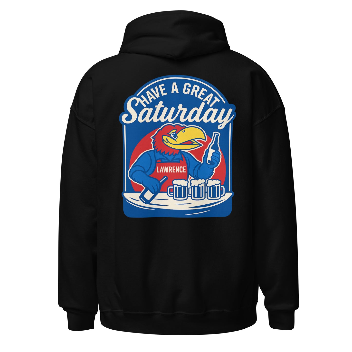 Back view of black HAGS Lawrence Kansas bartender hoodie, showing blue "Have a Great Saturday" bird bartender graphic.