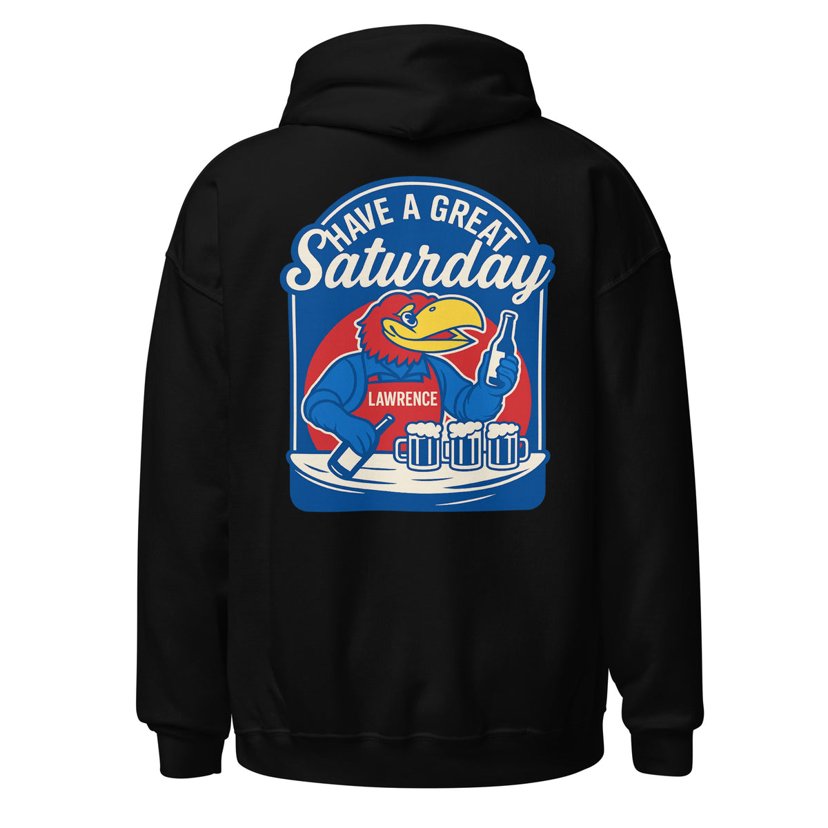 Back view of black HAGS Lawrence Kansas bartender hoodie, showing blue "Have a Great Saturday" bird bartender graphic.
