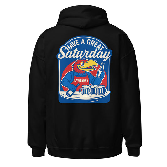 Back view of black HAGS Lawrence Kansas bartender hoodie, showing blue "Have a Great Saturday" bird bartender graphic.