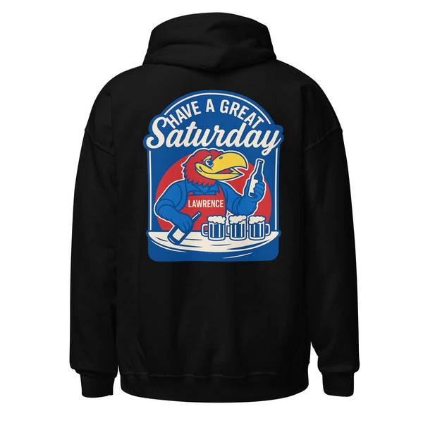 Back view of black HAGS Lawrence Kansas bartender hoodie, showing blue "Have a Great Saturday" bird bartender graphic.