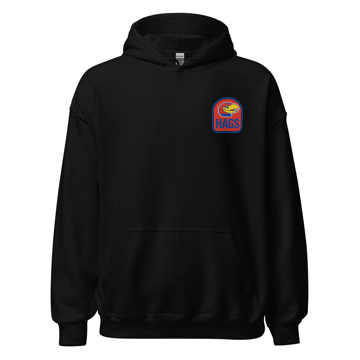 Front view of black HAGS Lawrence Kansas bartender hoodie, showing small bird chest graphic.