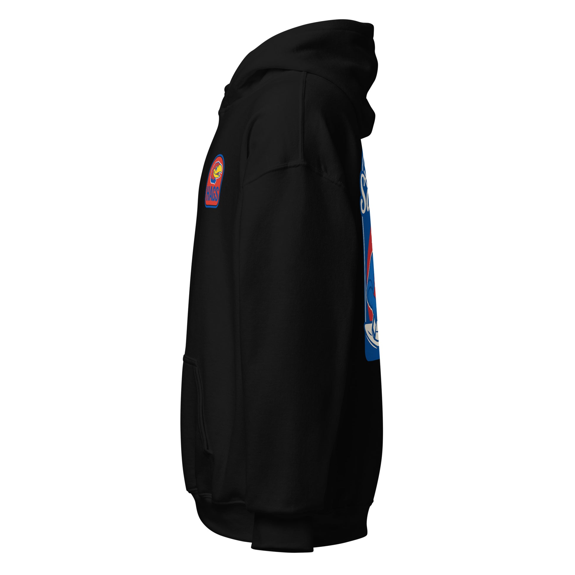 Left-side view of black HAGS Lawrence Kansas bartender hoodie.