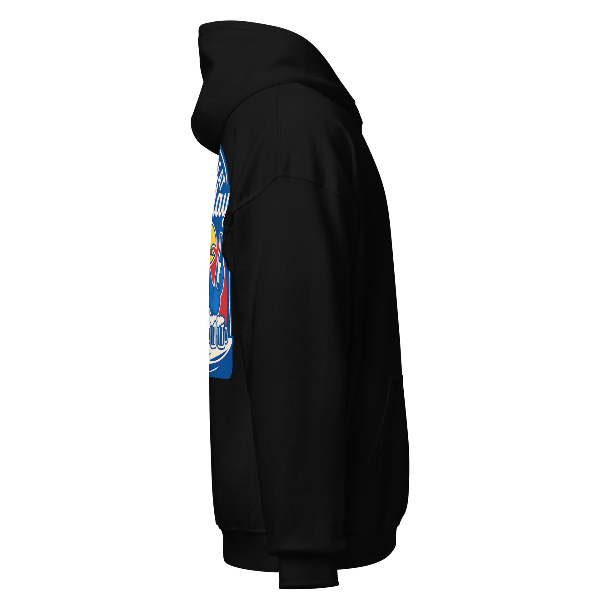 Right-side view of black HAGS Lawrence Kansas bartender hoodie.