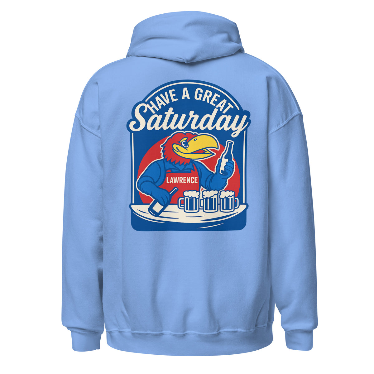 Back view of carolina blue HAGS Lawrence Kansas bartender hoodie, showing blue "Have a Great Saturday" bird bartender graphic.