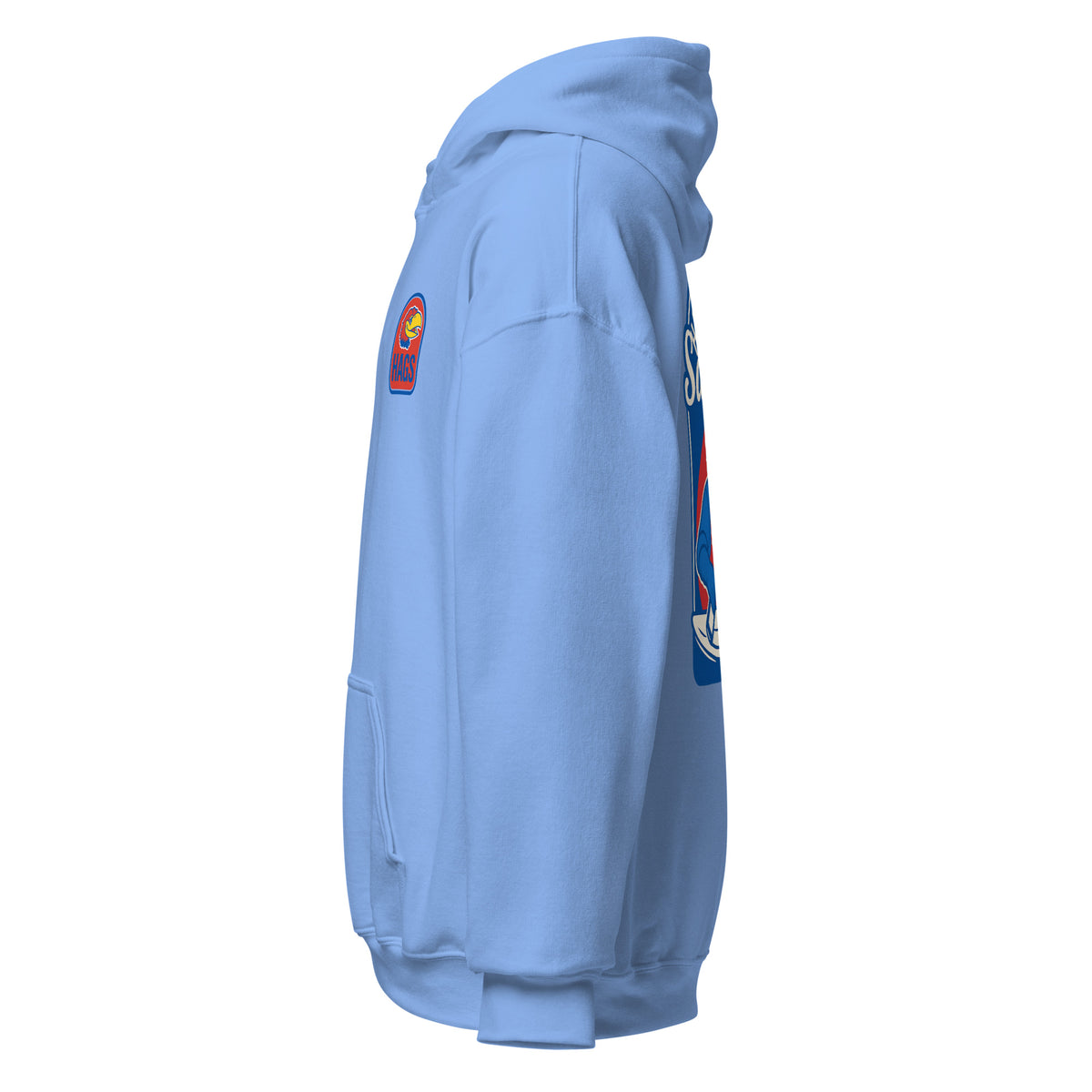 Left-side view of carolina blue HAGS Lawrence Kansas bartender hoodie.