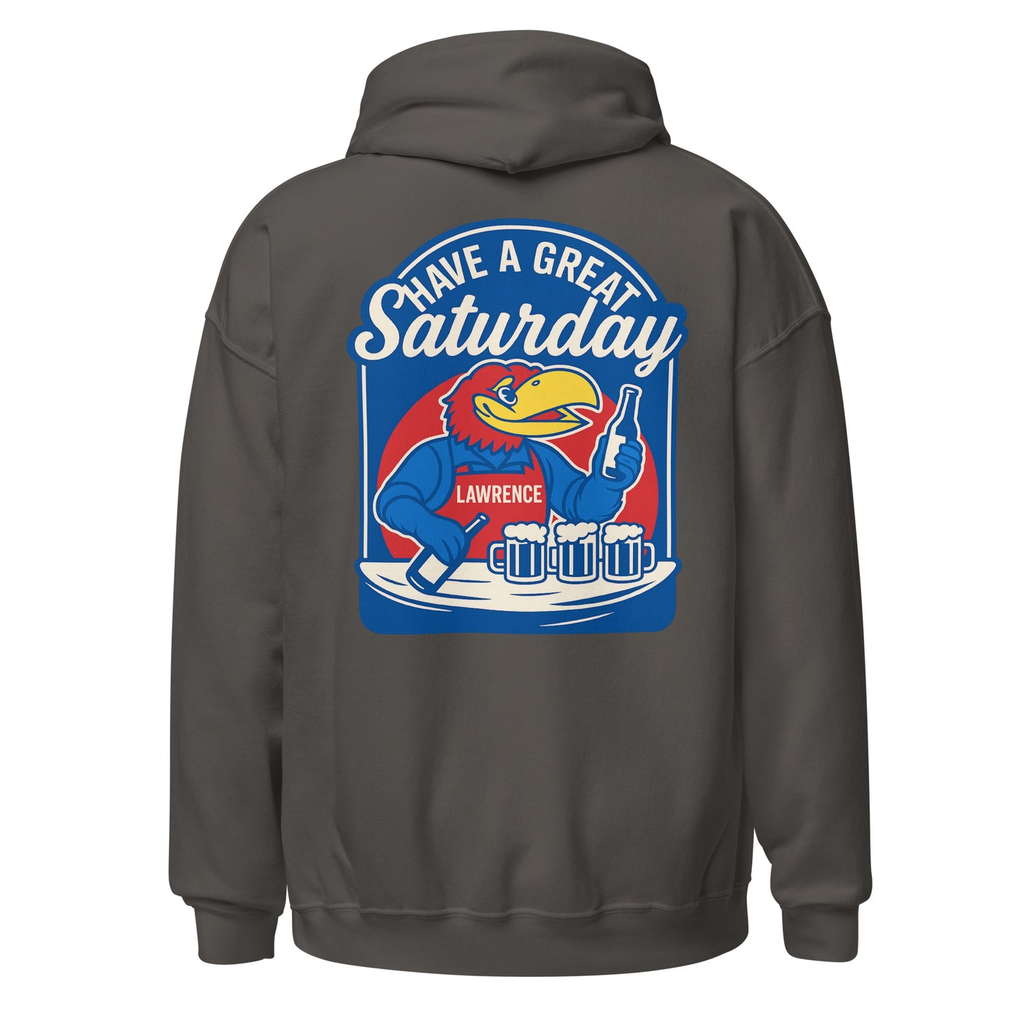 Back view of charcoal HAGS Lawrence Kansas bartender hoodie, showing blue "Have a Great Saturday" bird bartender graphic.