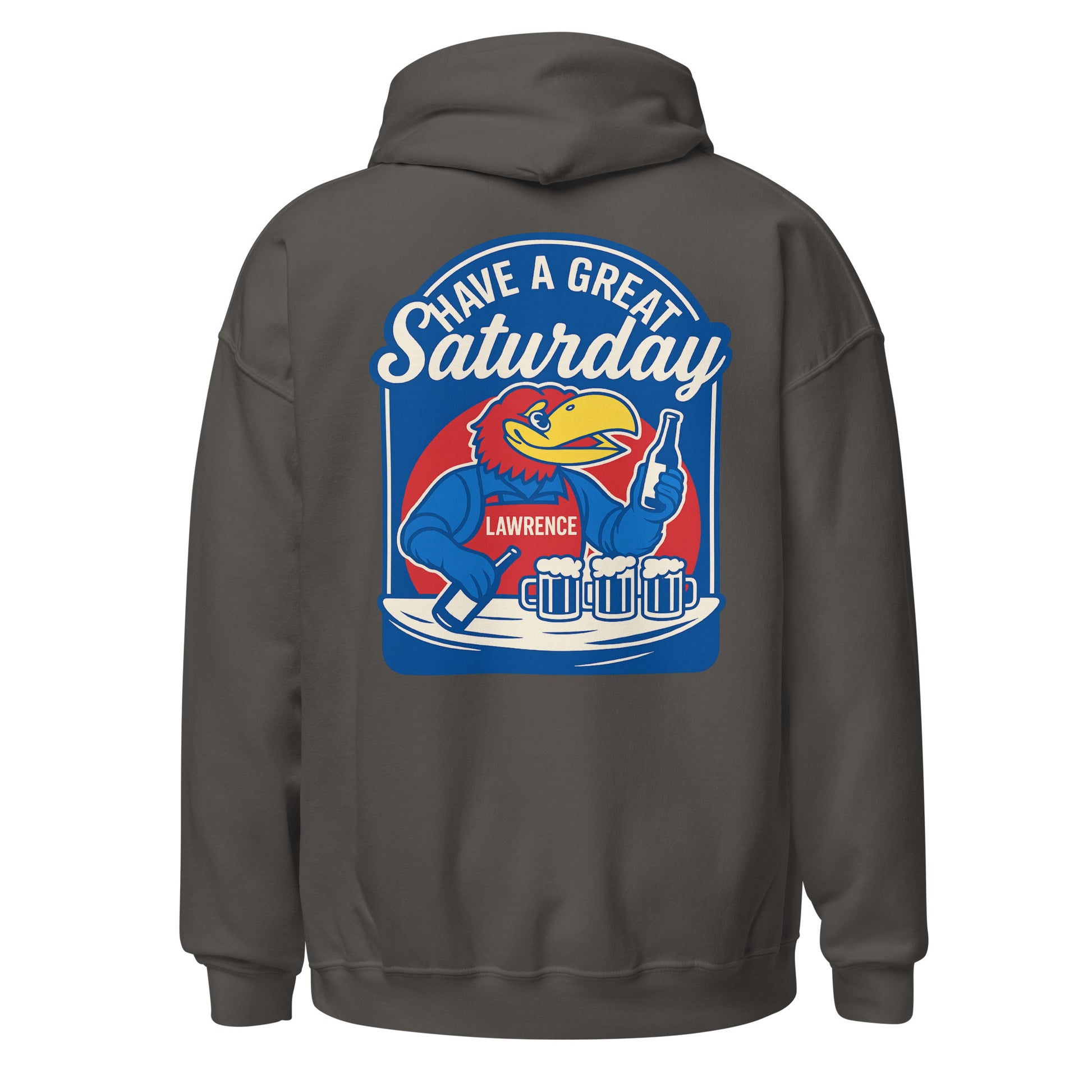 Back view of charcoal HAGS Lawrence Kansas bartender hoodie, showing blue "Have a Great Saturday" bird bartender graphic.