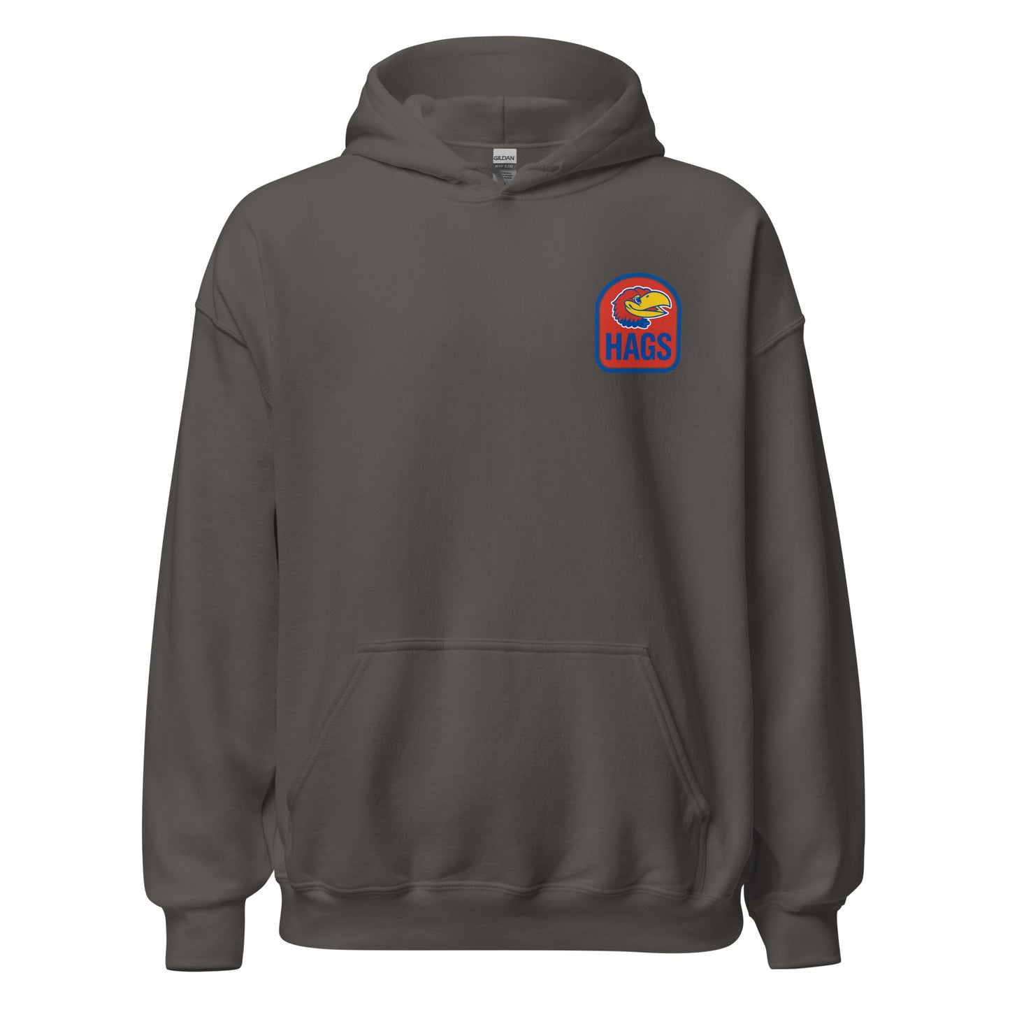 Front view of charcoal HAGS Lawrence Kansas bartender hoodie, showing small bird chest graphic.