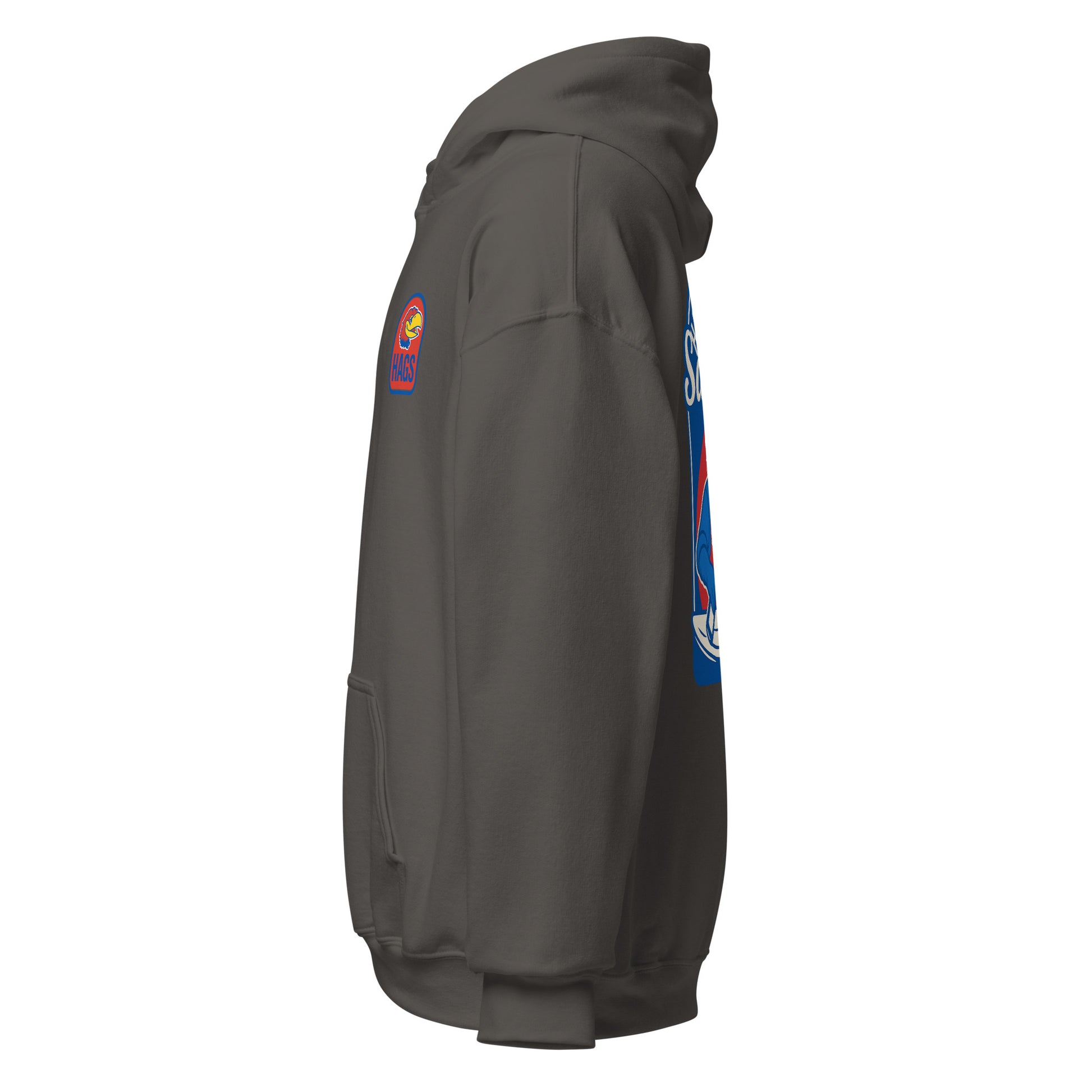Left-side view of charcoal HAGS Lawrence Kansas bartender hoodie.