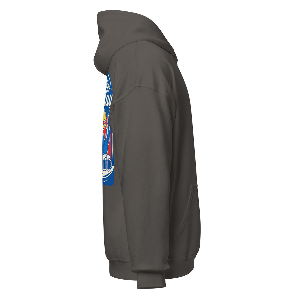 Right-side view of charcoal HAGS Lawrence Kansas bartender hoodie.