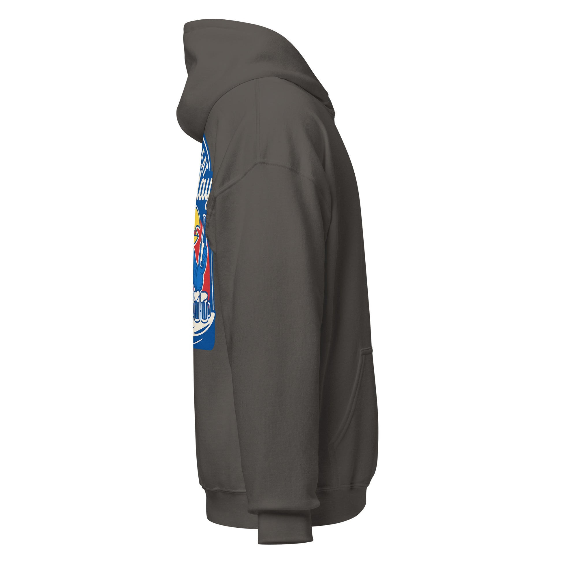 Right-side view of charcoal HAGS Lawrence Kansas bartender hoodie.