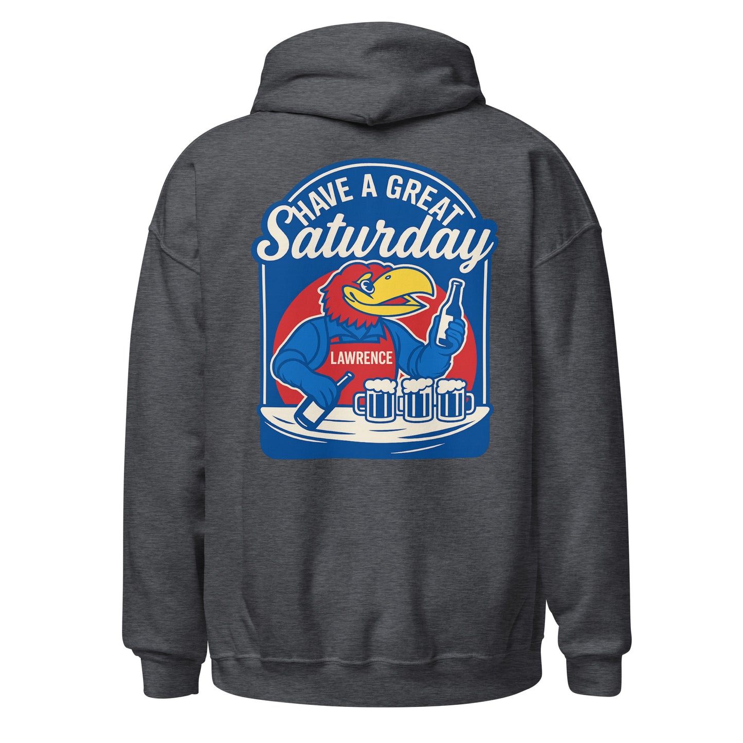 Back view of dark heather HAGS Lawrence Kansas bartender hoodie, showing blue "Have a Great Saturday" bird bartender graphic.