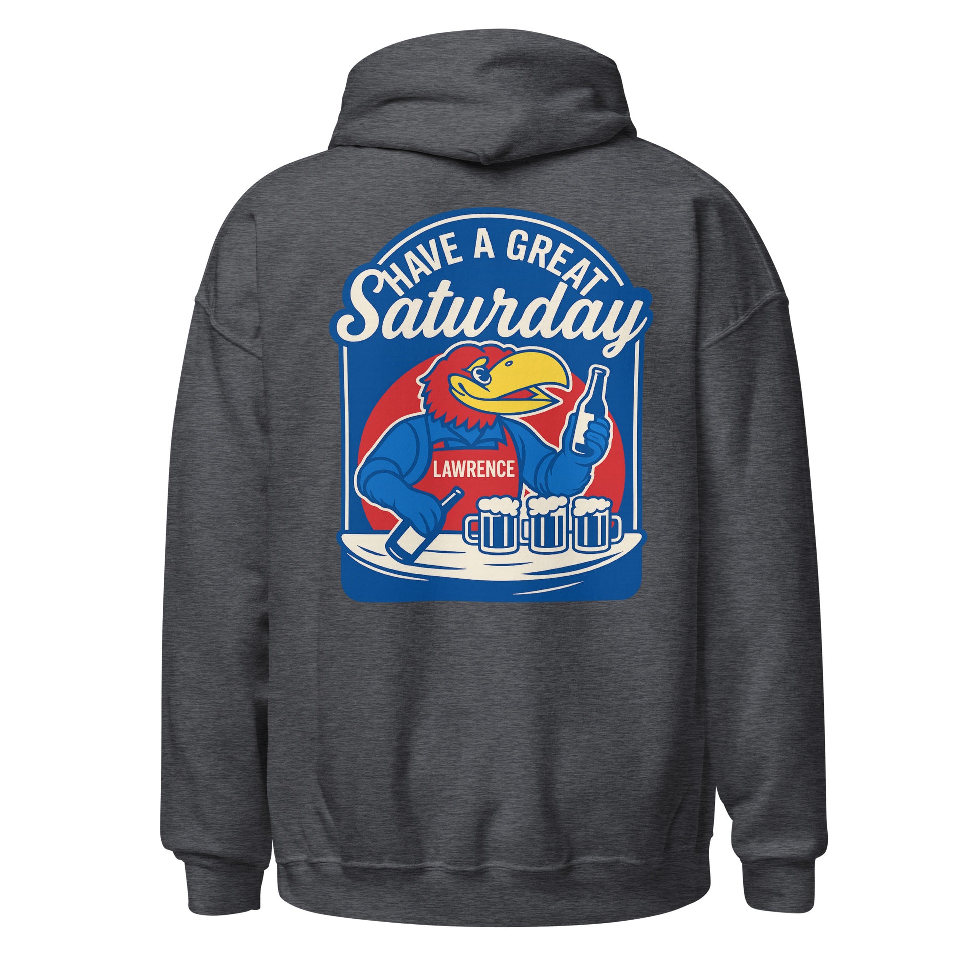 Back view of dark heather HAGS Lawrence Kansas bartender hoodie, showing blue "Have a Great Saturday" bird bartender graphic.