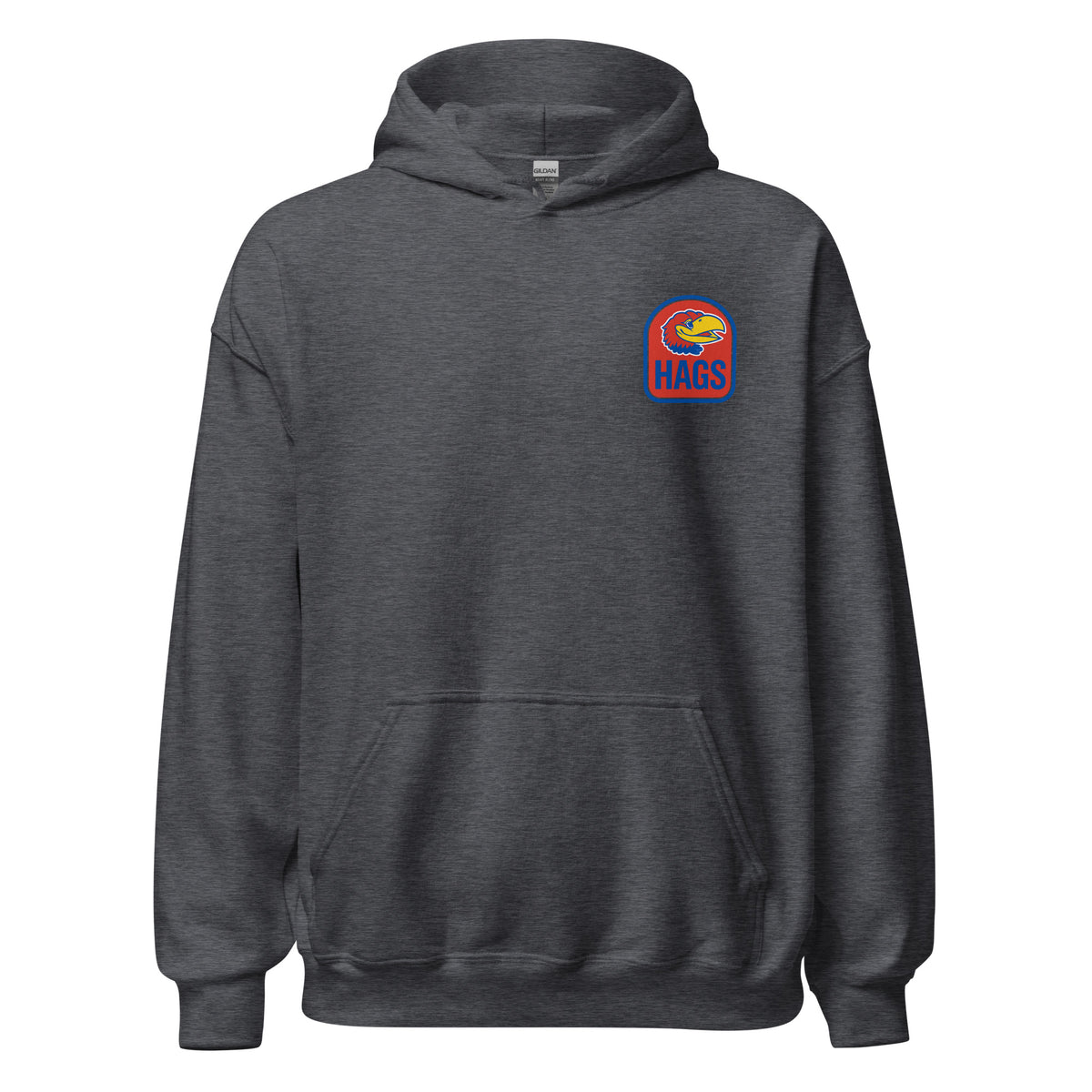 Front view of dark heather HAGS Lawrence Kansas bartender hoodie, showing small bird chest graphic.