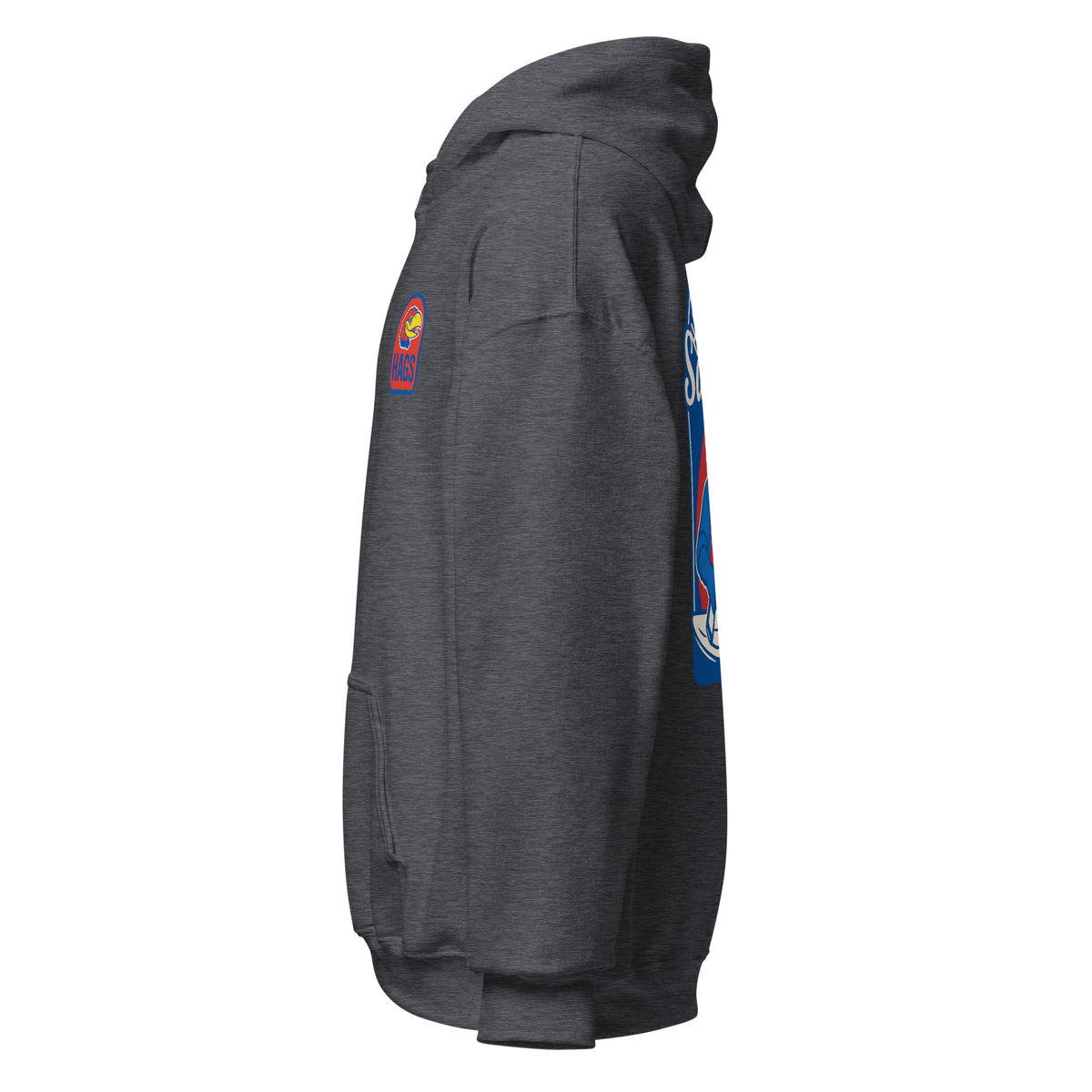 Left-side view of dark heather HAGS Lawrence Kansas bartender hoodie.
