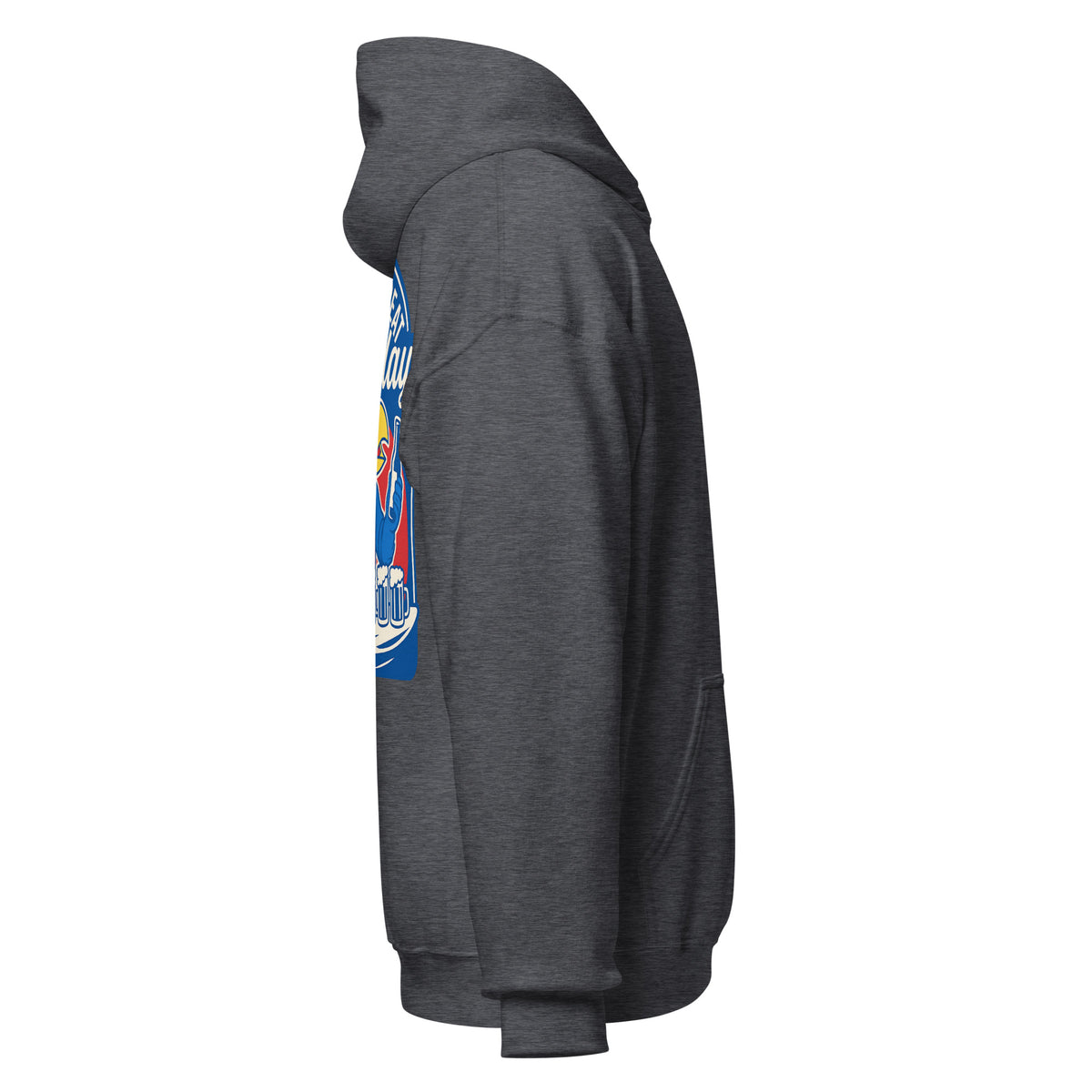 Right-side view of dark heather HAGS Lawrence Kansas bartender hoodie.