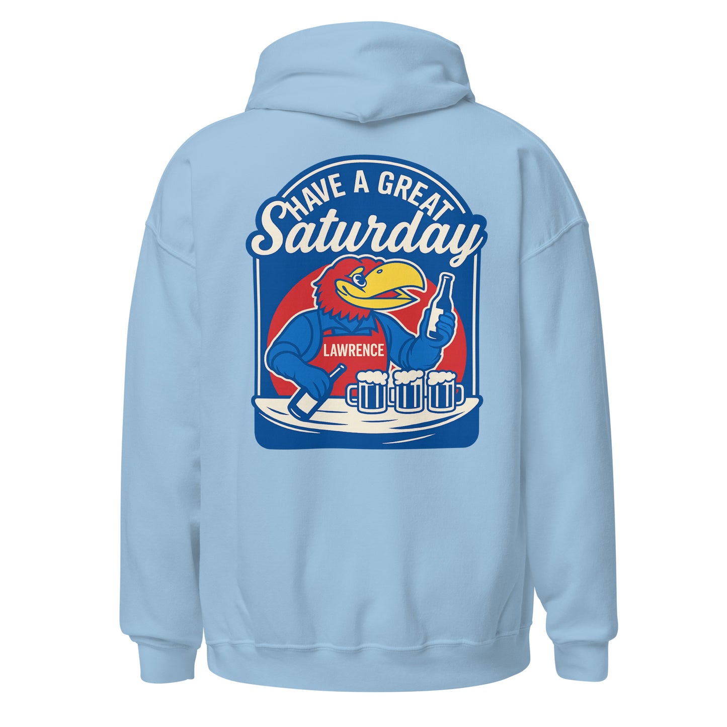 Back view of light blue HAGS Lawrence Kansas bartender hoodie, showing blue "Have a Great Saturday" bird bartender graphic.