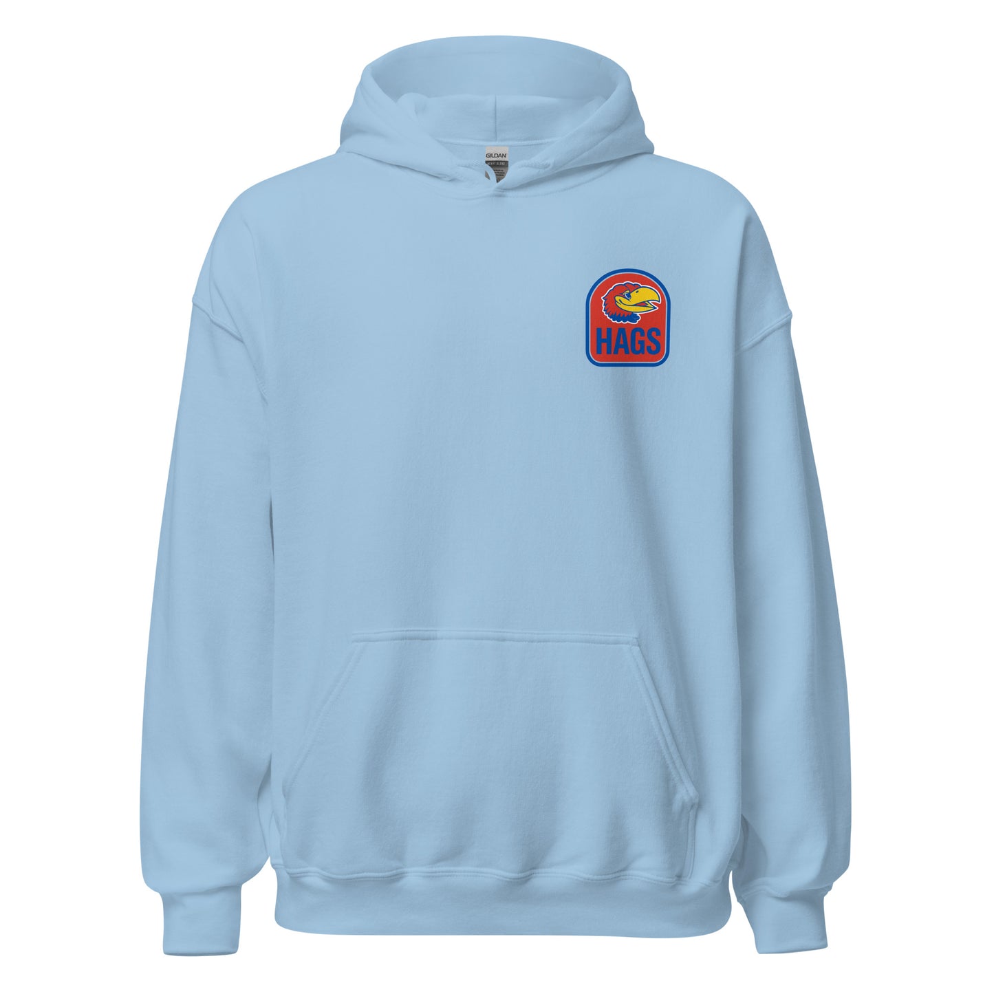 Front view of light blue HAGS Lawrence Kansas bartender hoodie, showing small bird chest graphic.