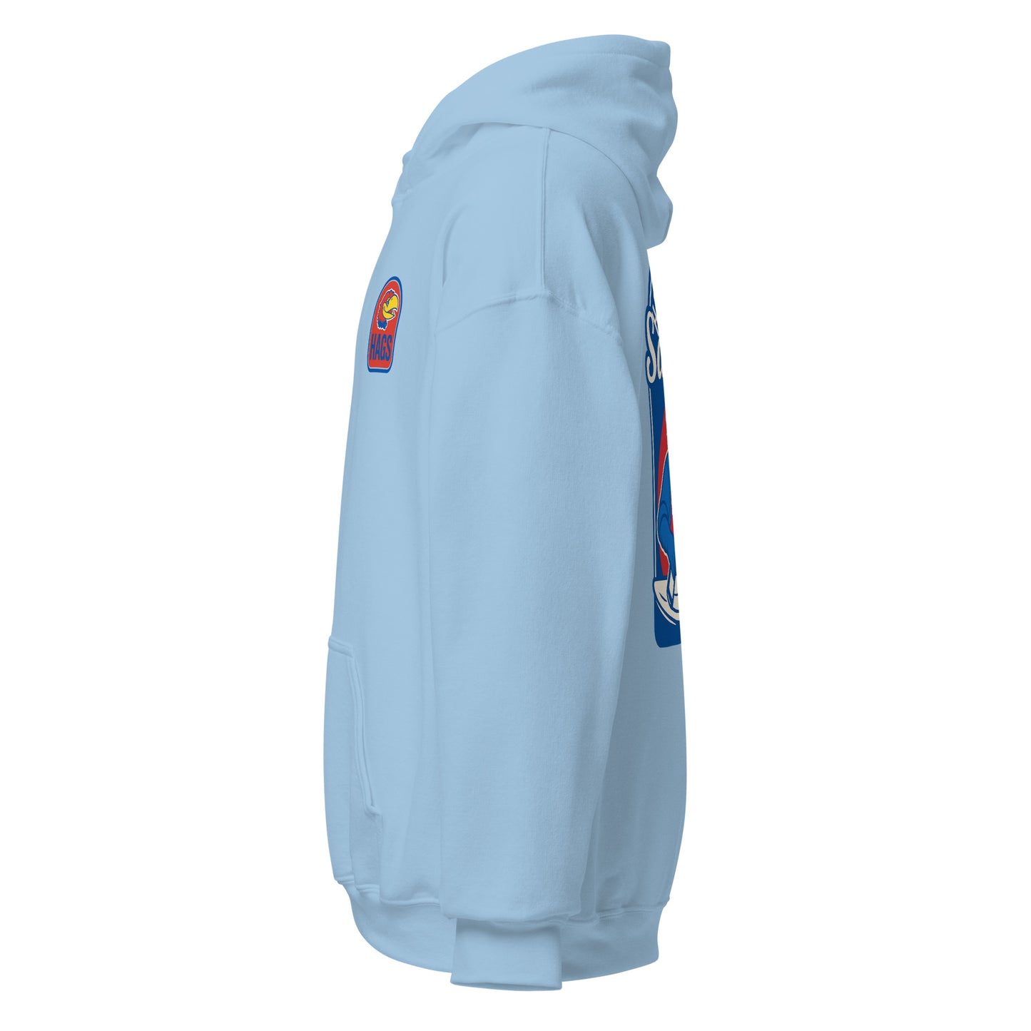 Left-side view of light blue HAGS Lawrence Kansas bartender hoodie.