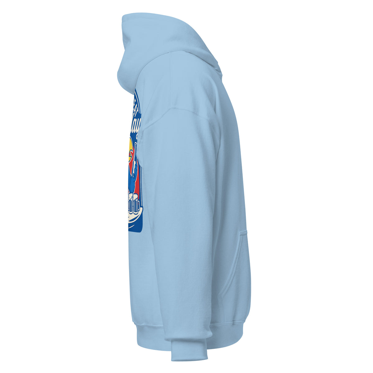 Right-side view of light blue HAGS Lawrence Kansas bartender hoodie.