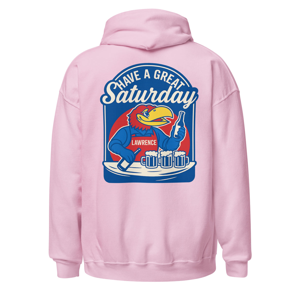 Back view of light pink HAGS Lawrence Kansas bartender hoodie, showing blue "Have a Great Saturday" bird bartender graphic.