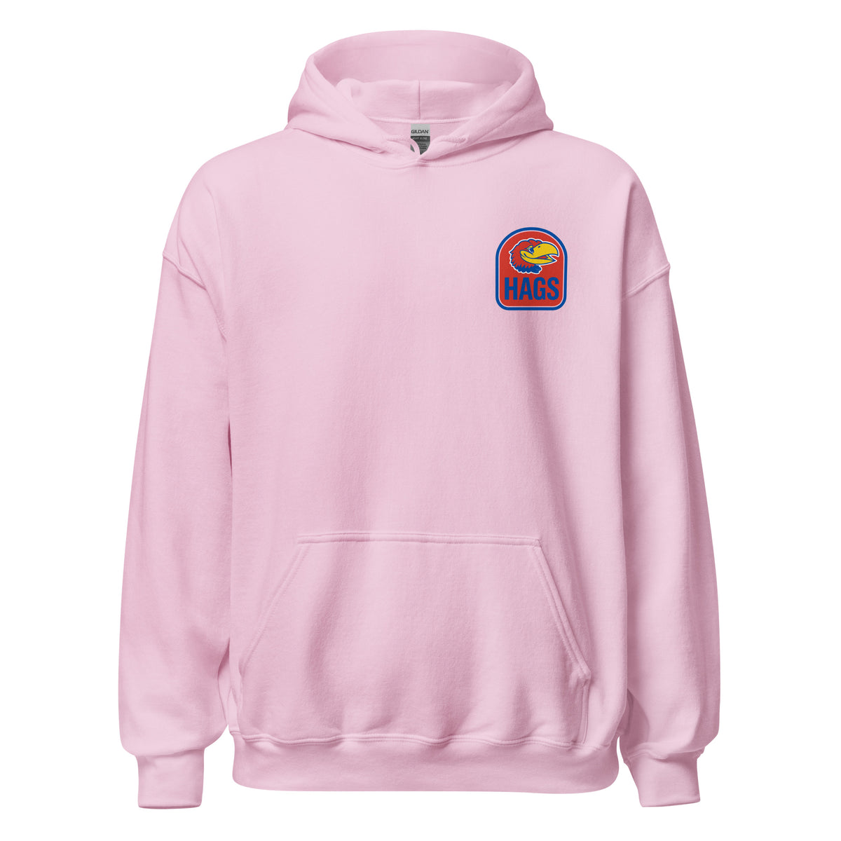 Front view of light pink HAGS Lawrence Kansas bartender hoodie, showing small bird chest graphic.
