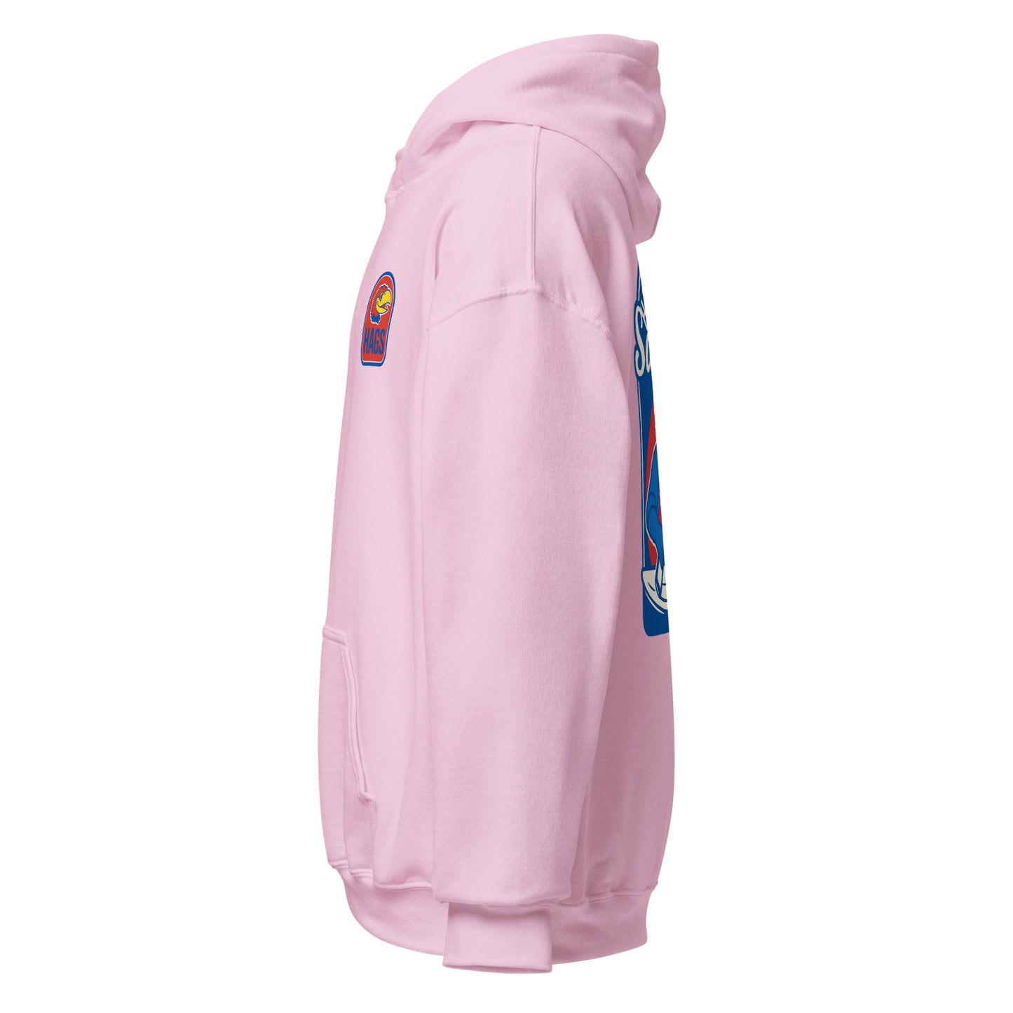 Left-side view of light pink HAGS Lawrence Kansas bartender hoodie.