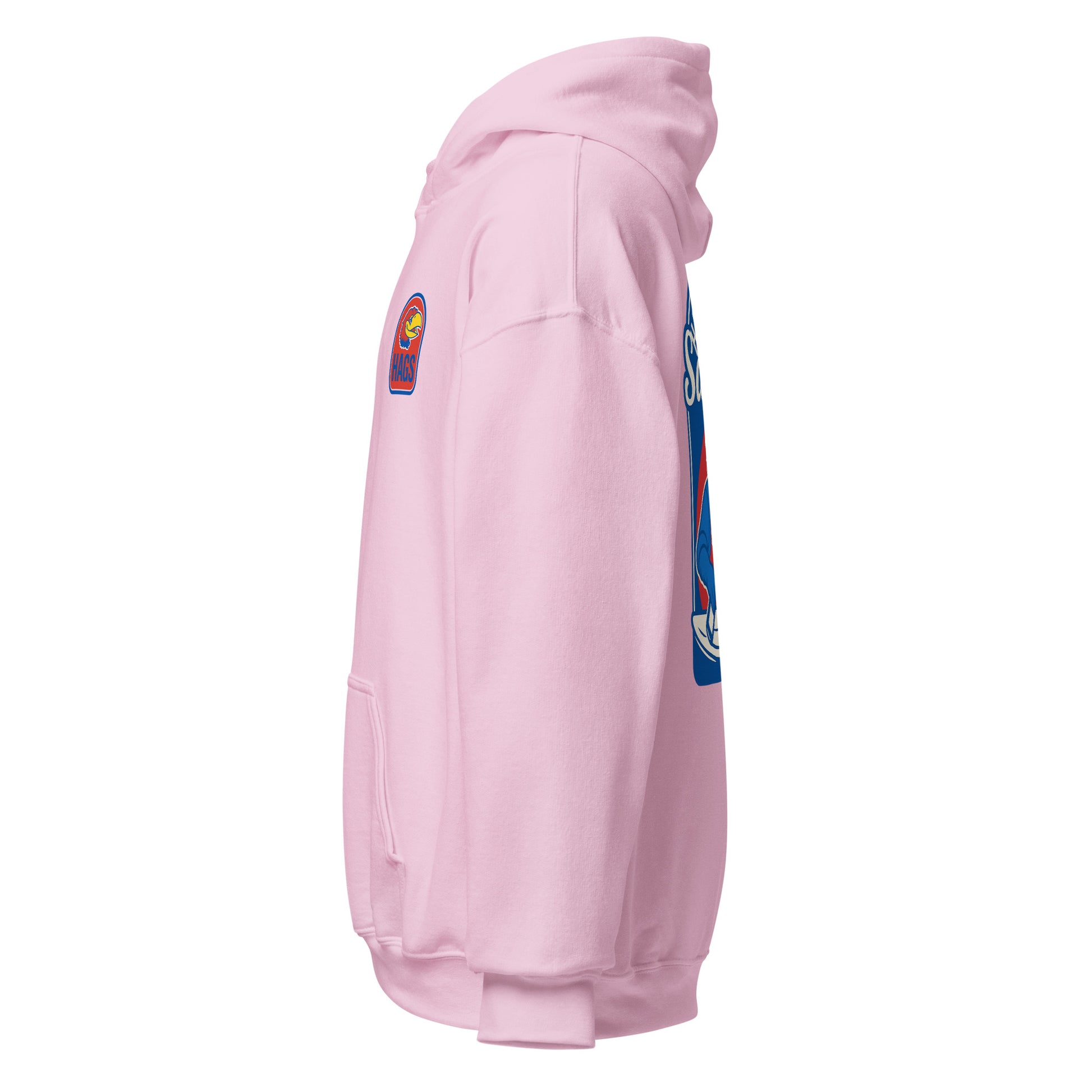 Left-side view of light pink HAGS Lawrence Kansas bartender hoodie.