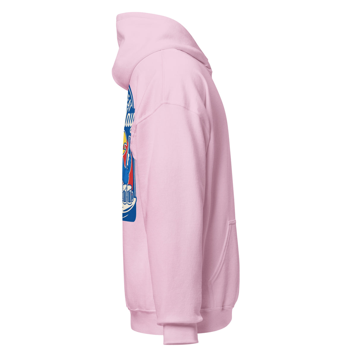 Right-side view of light pink HAGS Lawrence Kansas bartender hoodie.