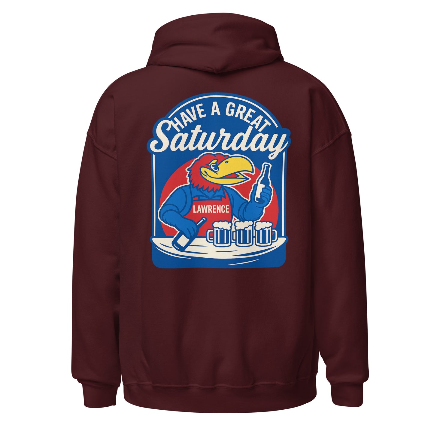 Back view of maroon HAGS Lawrence Kansas bartender hoodie, showing blue "Have a Great Saturday" bird bartender graphic.