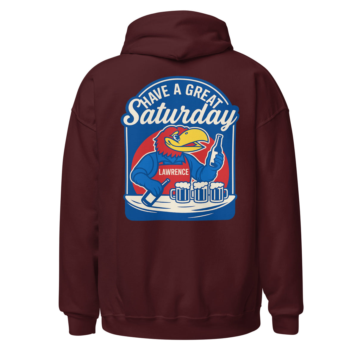Back view of maroon HAGS Lawrence Kansas bartender hoodie, showing blue "Have a Great Saturday" bird bartender graphic.