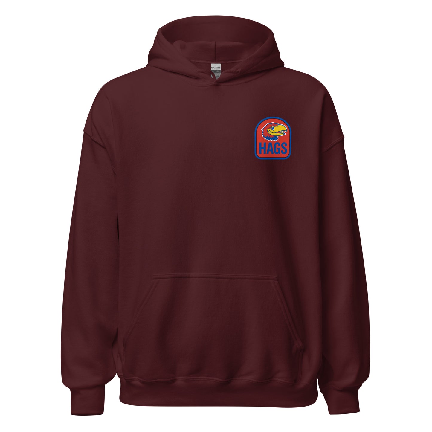 Front view of maroon HAGS Lawrence Kansas bartender hoodie, showing small bird chest graphic.