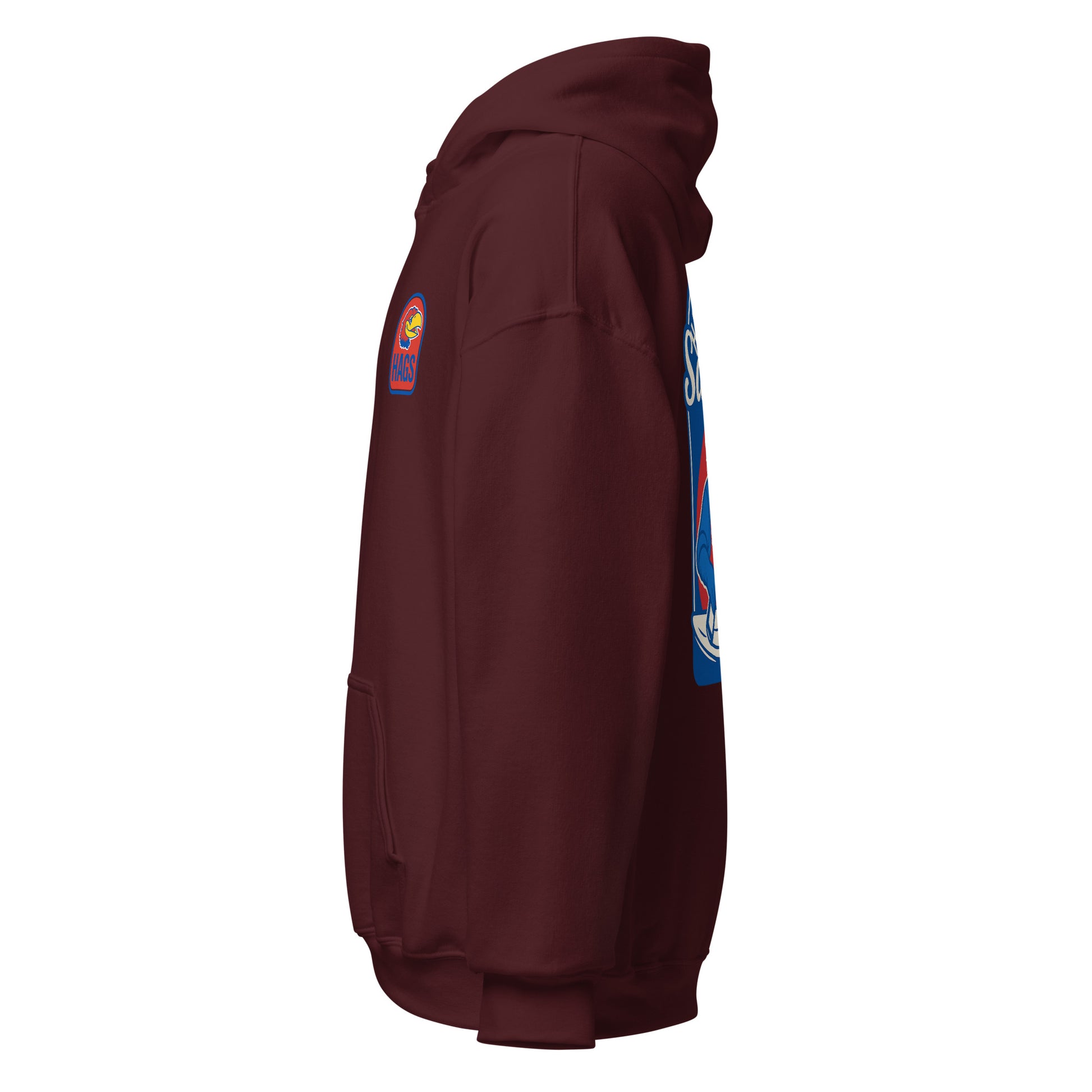 Left-side view of maroon HAGS Lawrence Kansas bartender hoodie.