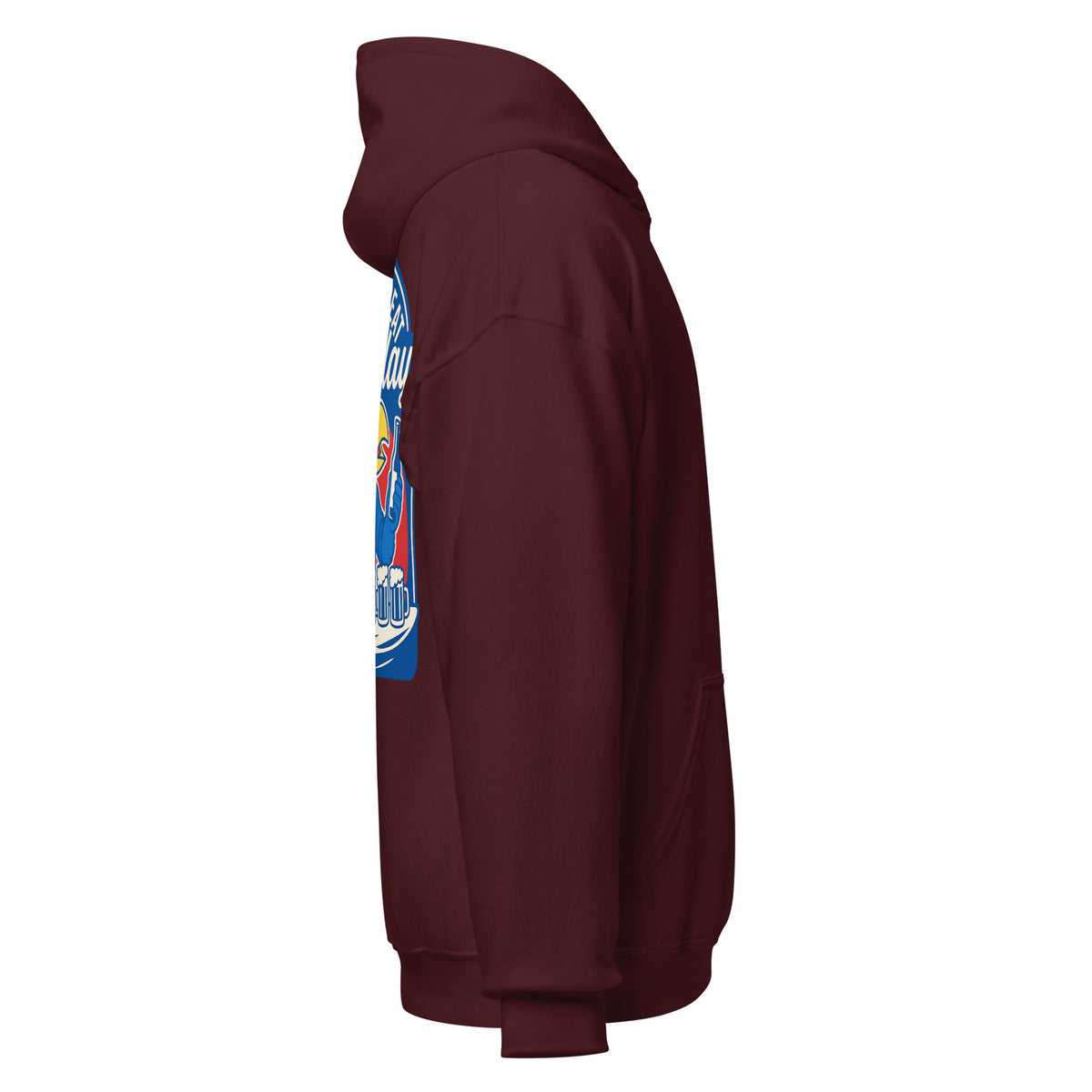 Right-side view of maroon HAGS Lawrence Kansas bartender hoodie.