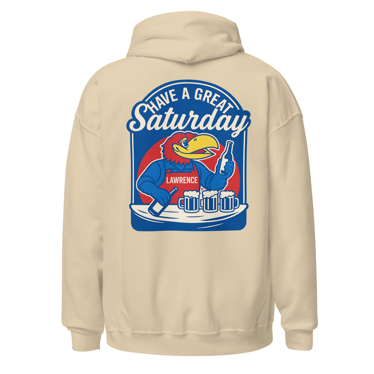 Back view of sand HAGS Lawrence Kansas bartender hoodie, showing blue "Have a Great Saturday" bird bartender graphic.