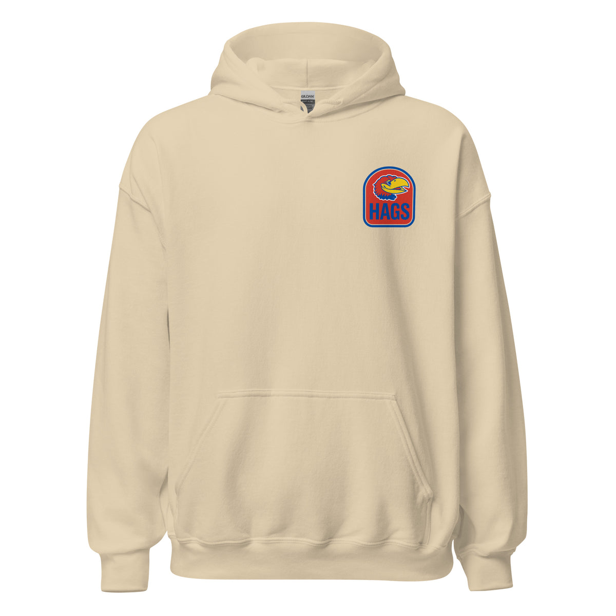 Front view of sand HAGS Lawrence Kansas bartender hoodie, showing small bird chest graphic.