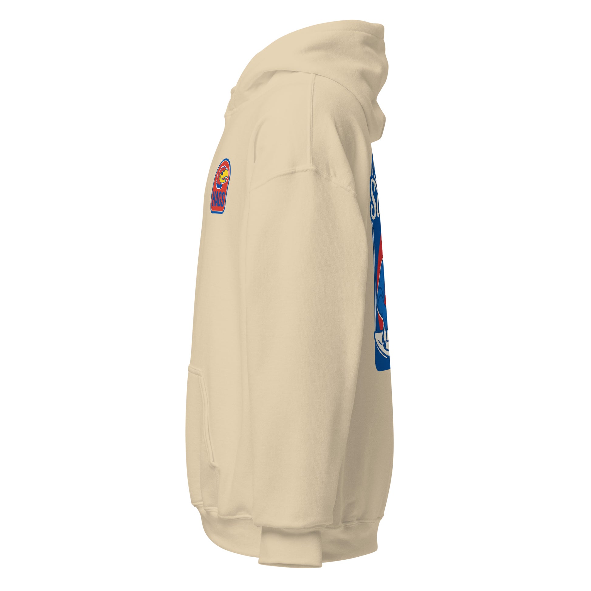 Left-side view of sand HAGS Lawrence Kansas bartender hoodie.