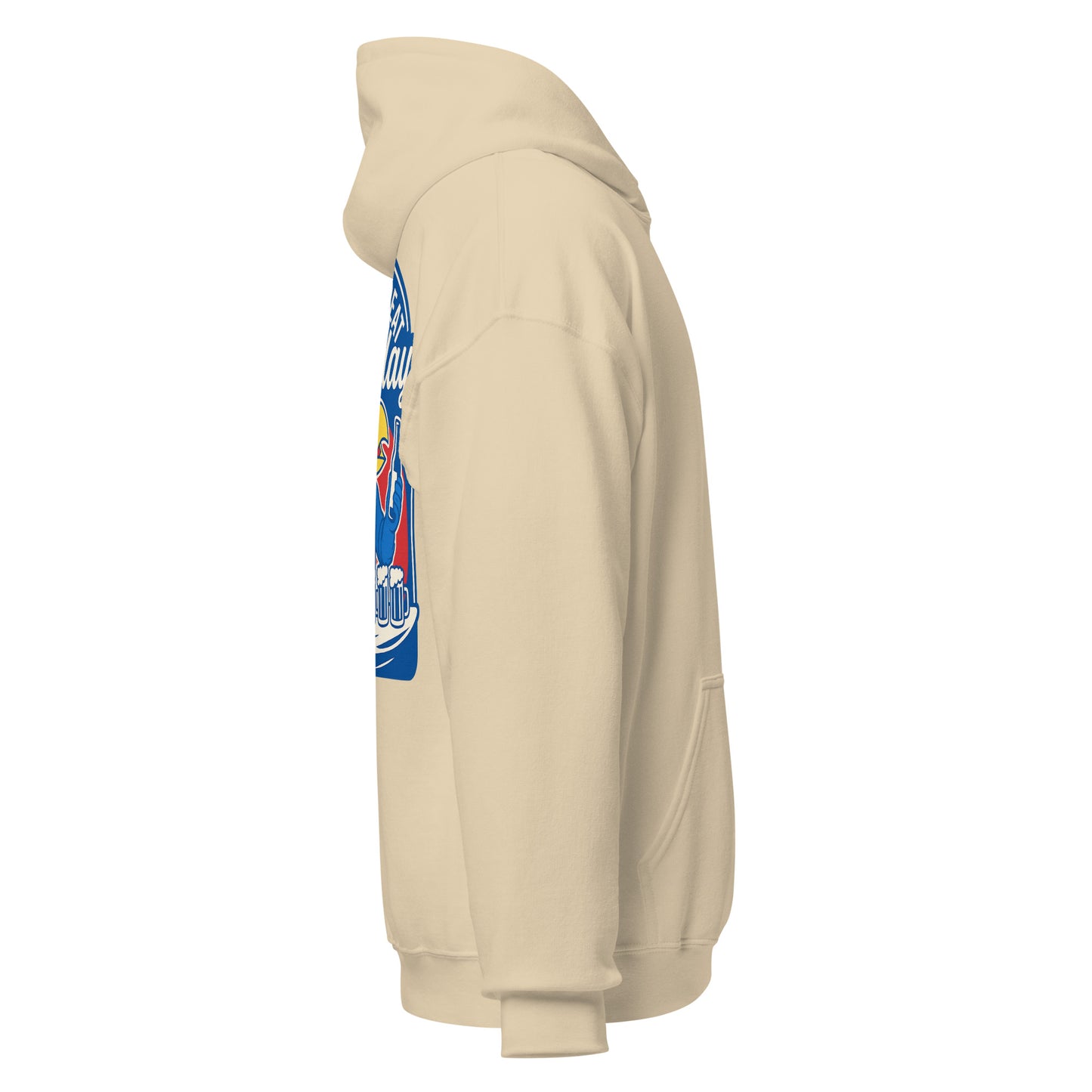 Right-side view of sand HAGS Lawrence Kansas bartender hoodie.