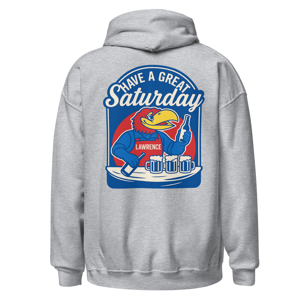 Back view of sport grey HAGS Lawrence Kansas bartender hoodie, showing blue "Have a Great Saturday" bird bartender graphic.