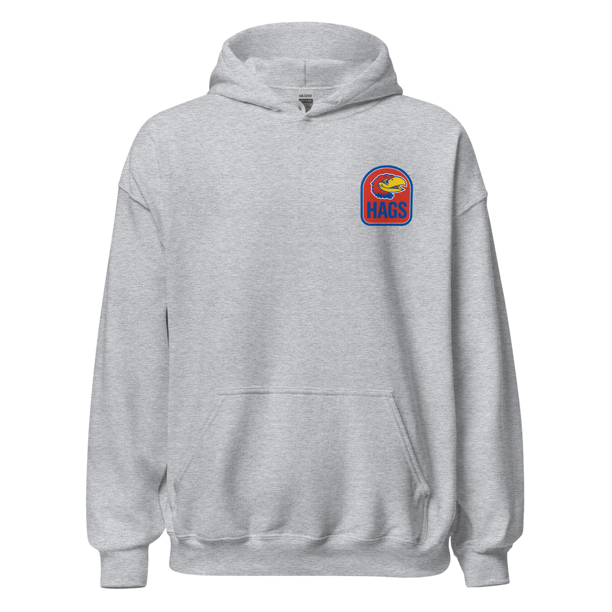 Front view of sport grey HAGS Lawrence Kansas bartender hoodie, showing small bird chest graphic.