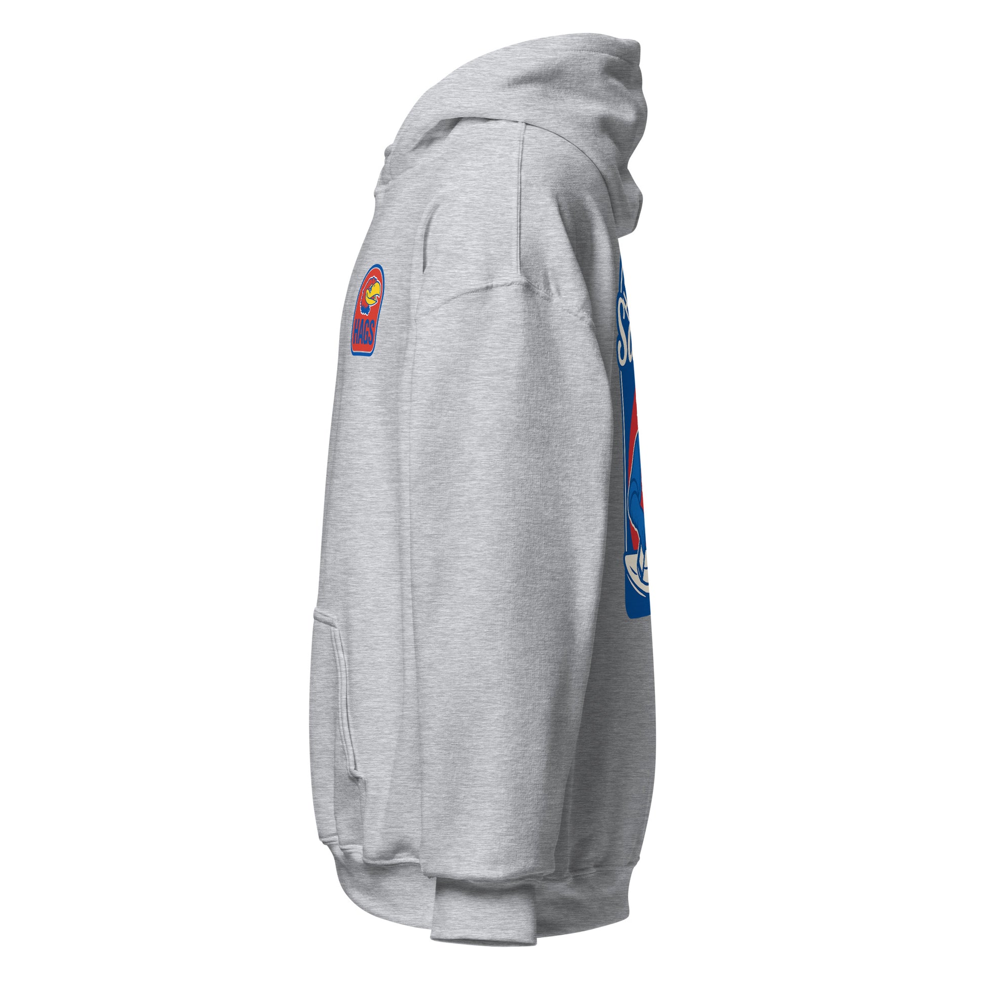 Left-side view of sport grey HAGS Lawrence Kansas bartender hoodie.
