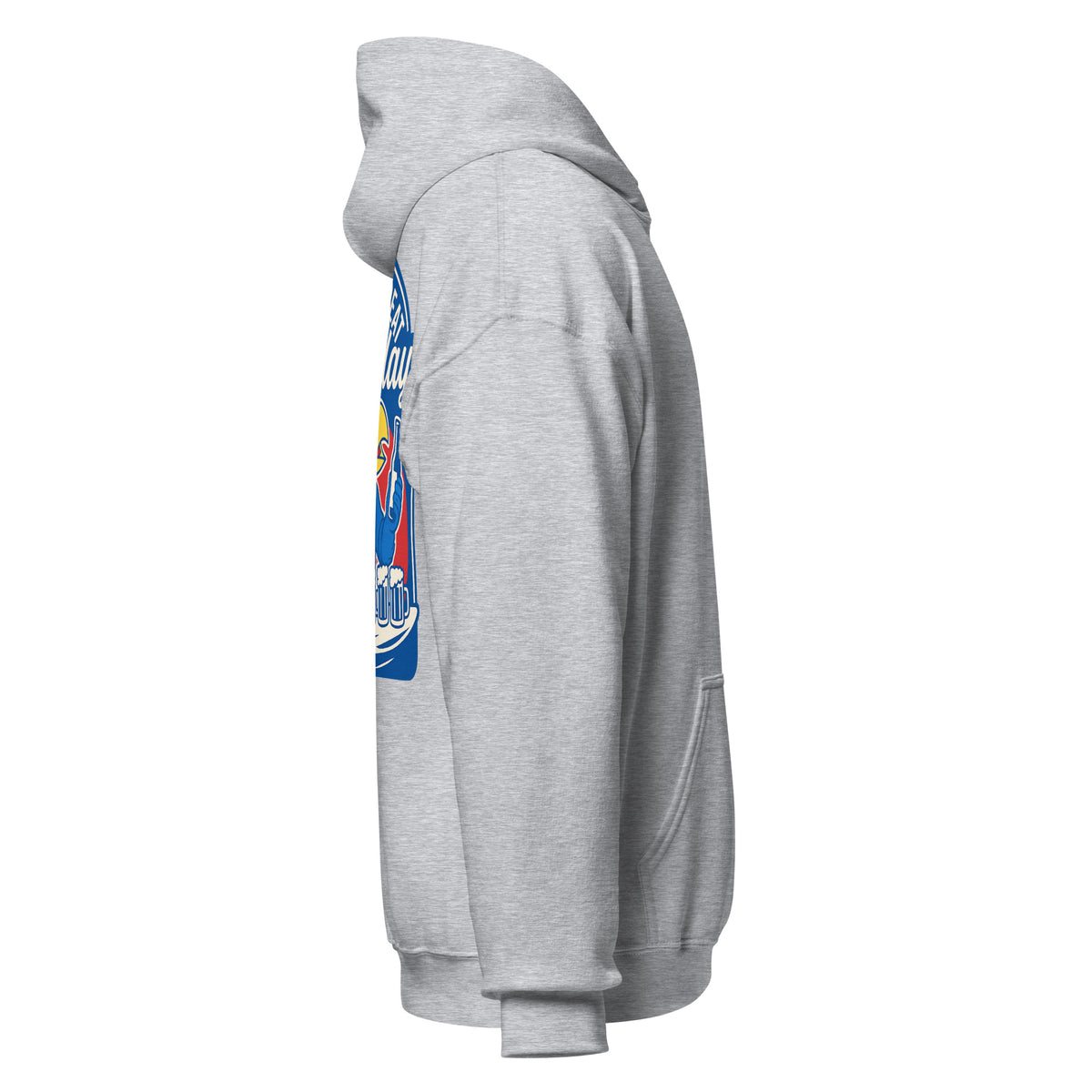 Right-side view of sport grey HAGS Lawrence Kansas bartender hoodie.