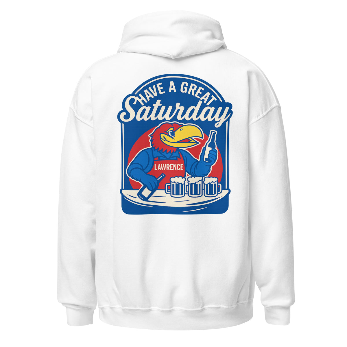 Back view of white HAGS Lawrence Kansas bartender hoodie, showing blue "Have a Great Saturday" bird bartender graphic.