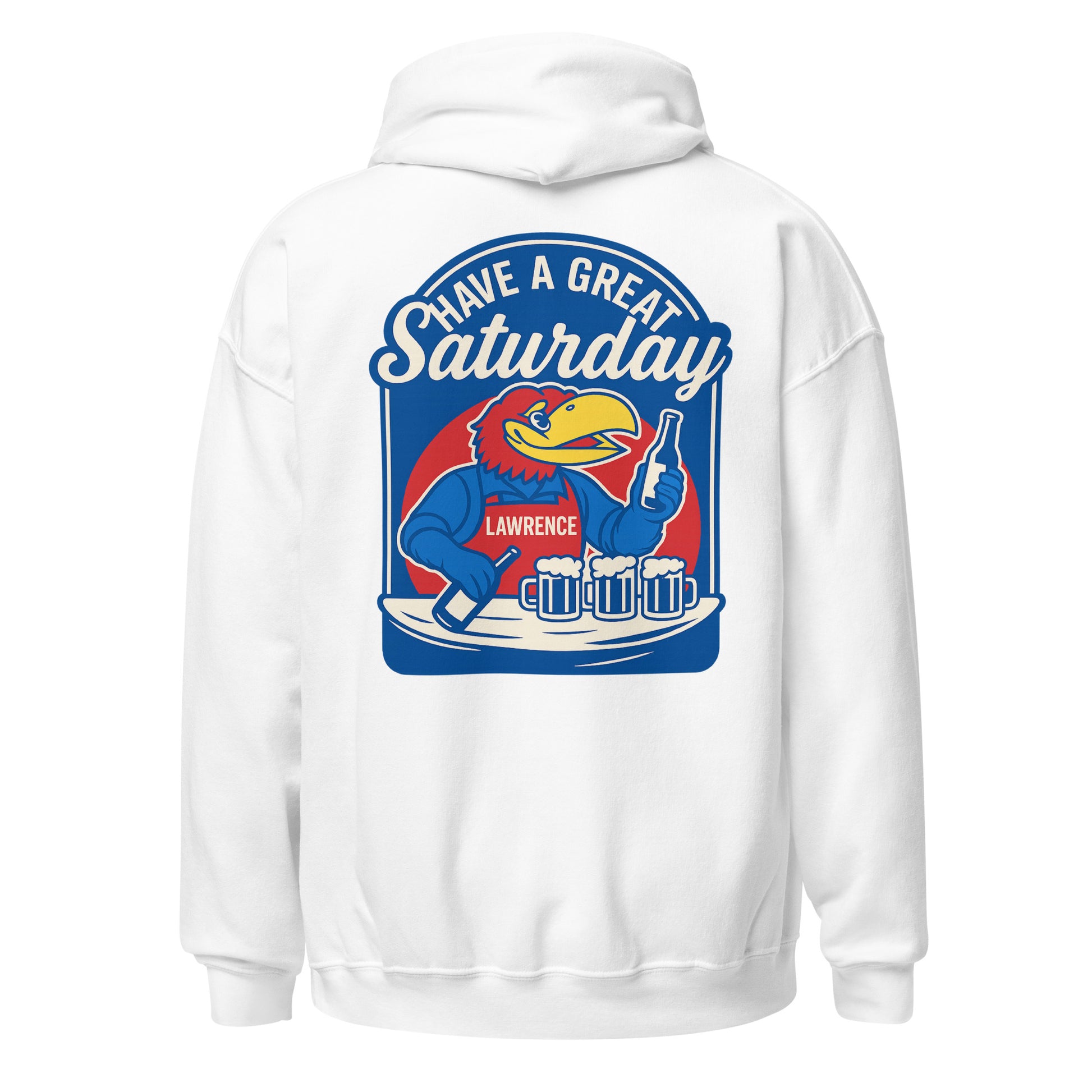 Back view of white HAGS Lawrence Kansas bartender hoodie, showing blue "Have a Great Saturday" bird bartender graphic.