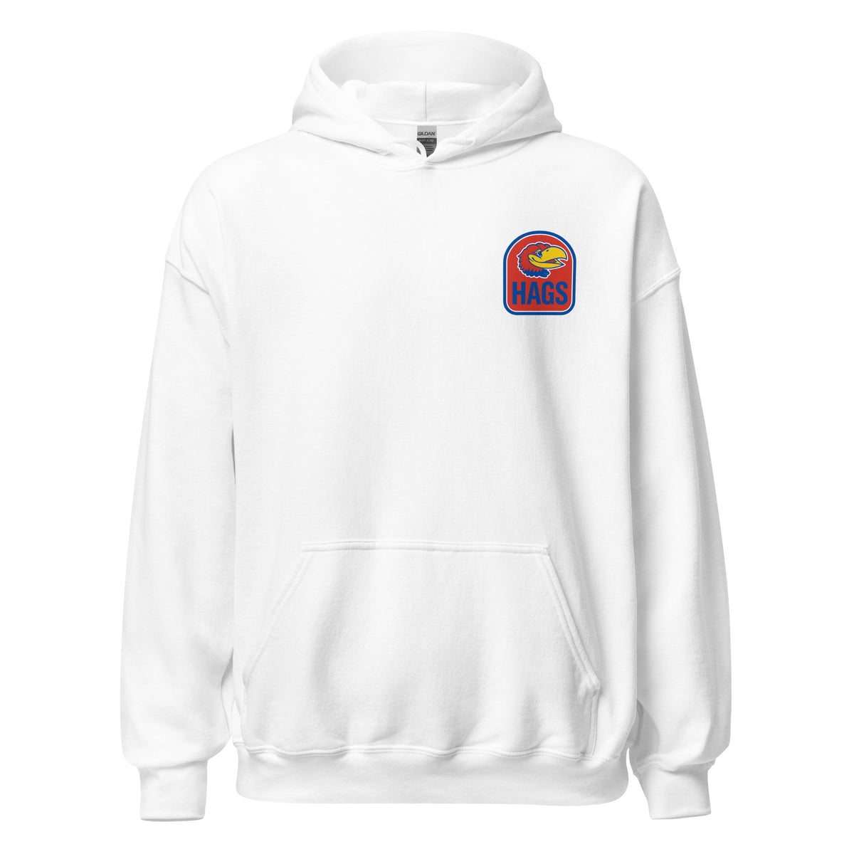 Front view of white HAGS Lawrence Kansas bartender hoodie, showing small bird chest graphic.