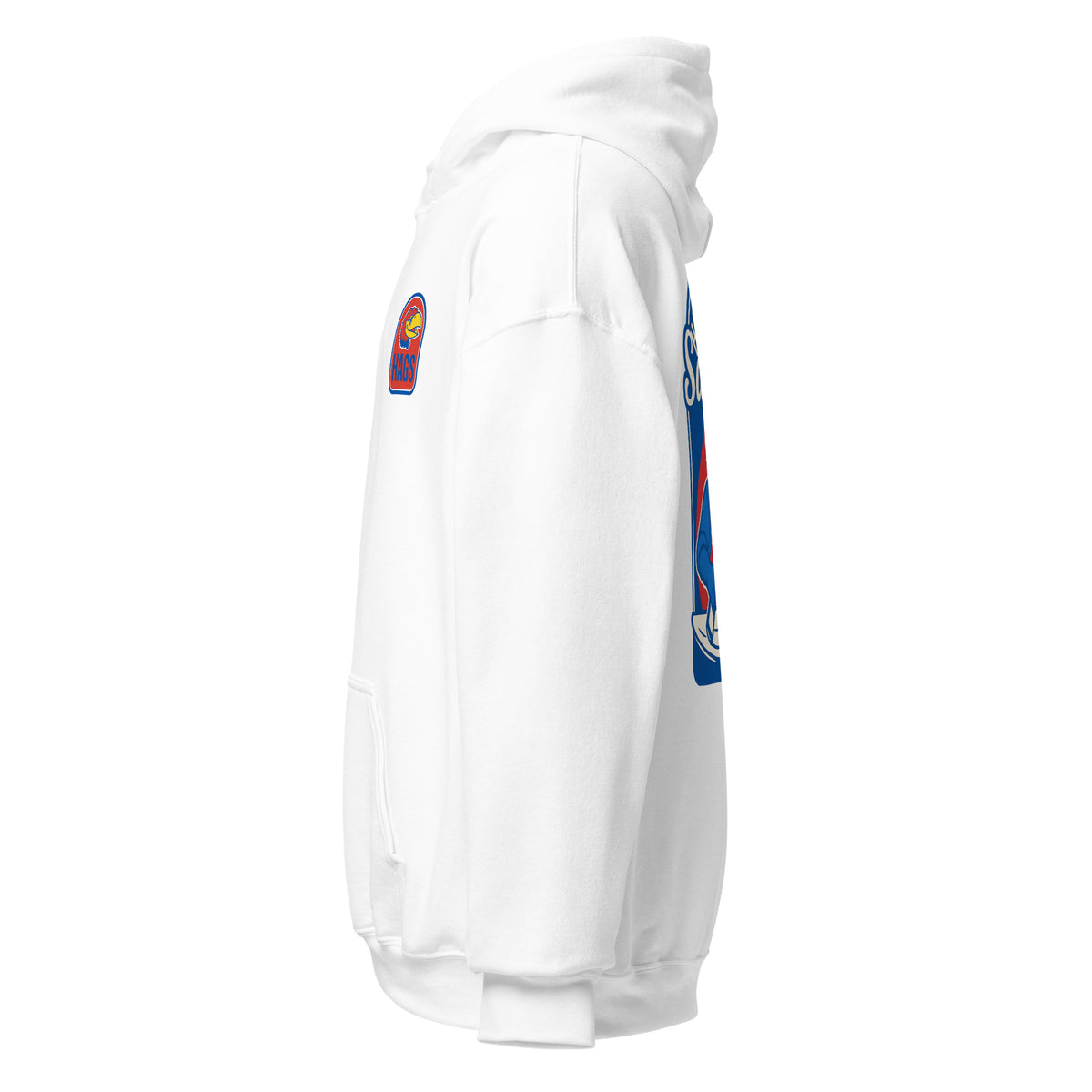 Left-side view of white HAGS Lawrence Kansas bartender hoodie.